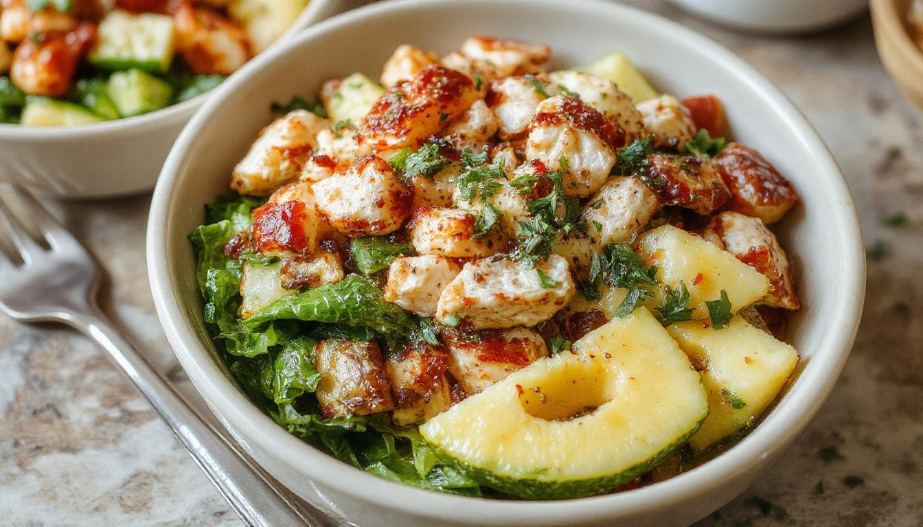 A colorful bowl filled with grilled Hawaiian chicken pieces, diced pineapple chunks, and fresh green vegetables. The dish is garnished with chopped herbs and served in a rustic white bowl on a wooden table, highlighting the vibrant yellow of the pineapple, the golden-brown chicken, and the bright greens.