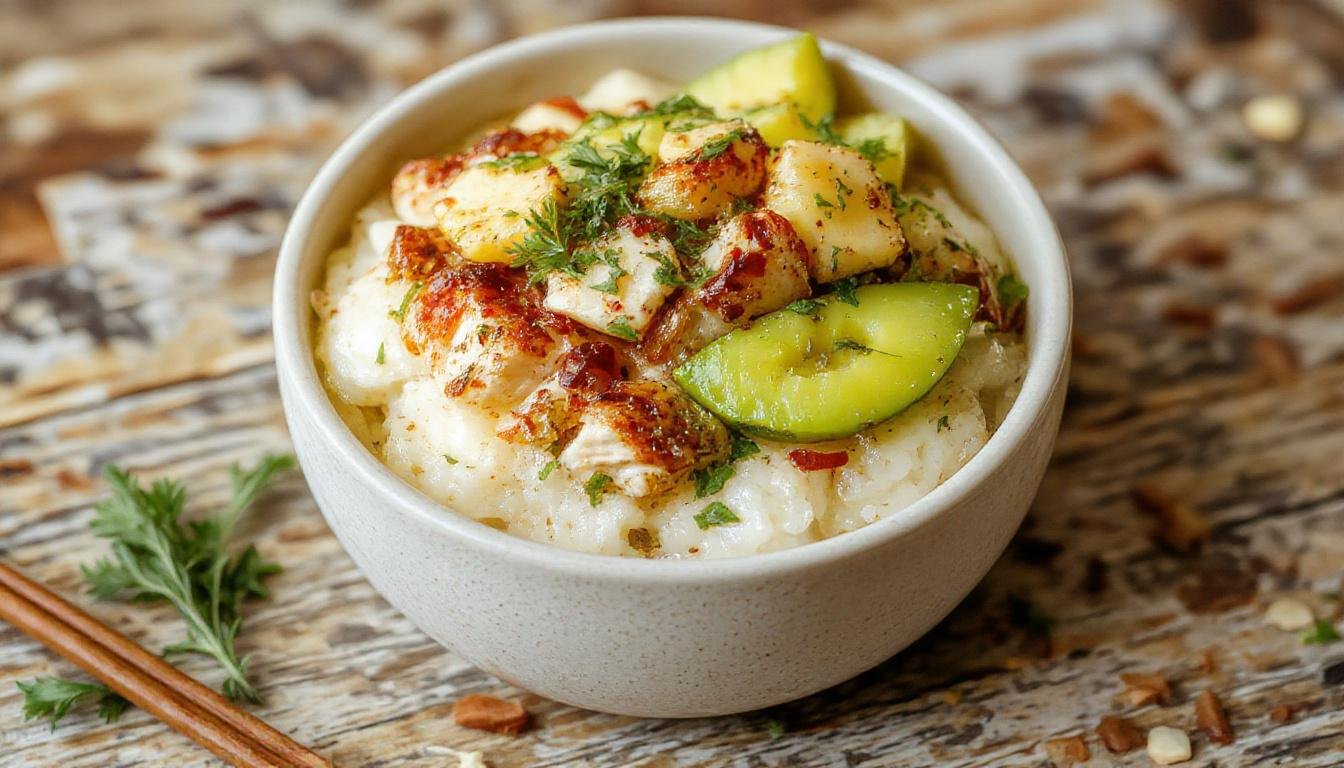 A vibrant Hawaiian Chicken Rice Bowl featuring grilled chicken slices atop fluffy white rice, garnished with colorful pineapple chunks, green scallions, and sesame seeds. The bowl is bright and inviting, with the chicken having a caramelized glaze, and the toppings providing a pop of color against the white rice.