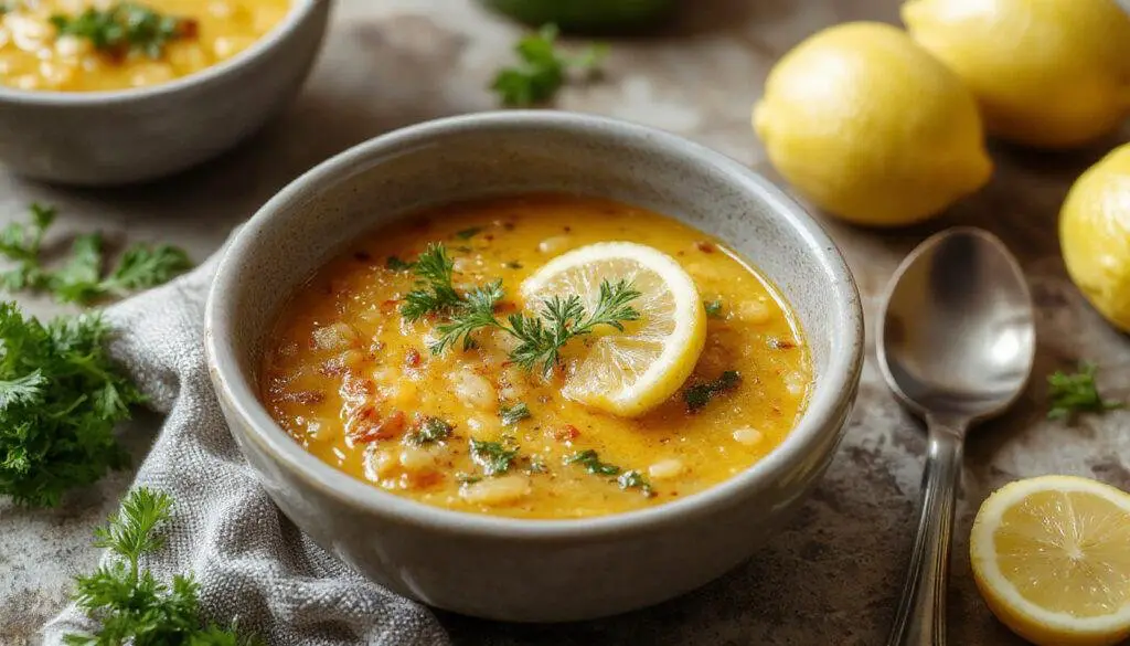 A vibrant bowl of lemon turmeric lentil soup featuring a warm, golden hue. The soup is garnished with fresh herbs and a lemon wedge, with visible lentils and a smooth, slightly textured surface. The bowl is placed on a rustic wooden table, accompanied by a sprig of herbs and a lemon slice, evoking freshness and wholesome comfort.
