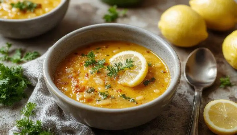 A vibrant bowl of lemon turmeric lentil soup featuring a warm, golden hue. The soup is garnished with fresh herbs and a lemon wedge, with visible lentils and a smooth, slightly textured surface. The bowl is placed on a rustic wooden table, accompanied by a sprig of herbs and a lemon slice, evoking freshness and wholesome comfort.