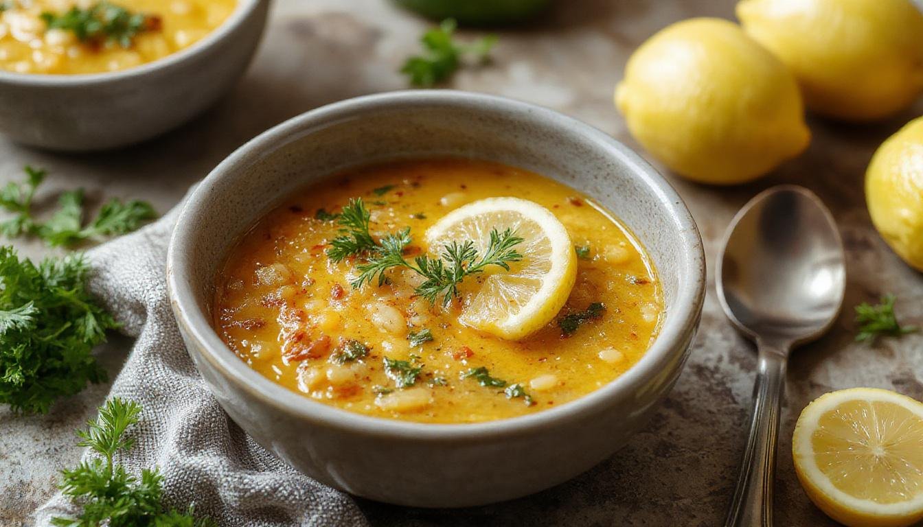 A vibrant bowl of lemon turmeric lentil soup featuring a warm, golden hue. The soup is garnished with fresh herbs and a lemon wedge, with visible lentils and a smooth, slightly textured surface. The bowl is placed on a rustic wooden table, accompanied by a sprig of herbs and a lemon slice, evoking freshness and wholesome comfort.