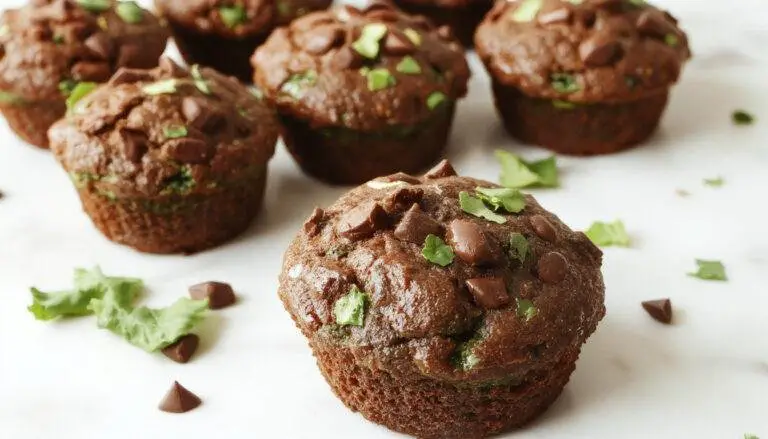 Close-up of a batch of moist, dark chocolate muffins with vibrant green spinach leaves peeking through the cracked tops, arranged on a rustic wooden tray with a few muffins split open to reveal their soft, airy interior dotted with spinach pieces.