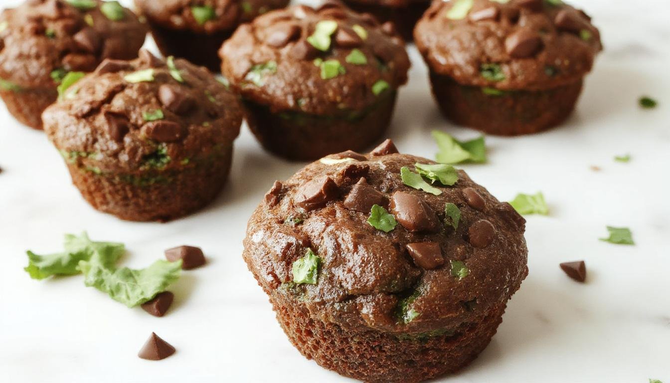 Close-up of a batch of moist, dark chocolate muffins with vibrant green spinach leaves peeking through the cracked tops, arranged on a rustic wooden tray with a few muffins split open to reveal their soft, airy interior dotted with spinach pieces.