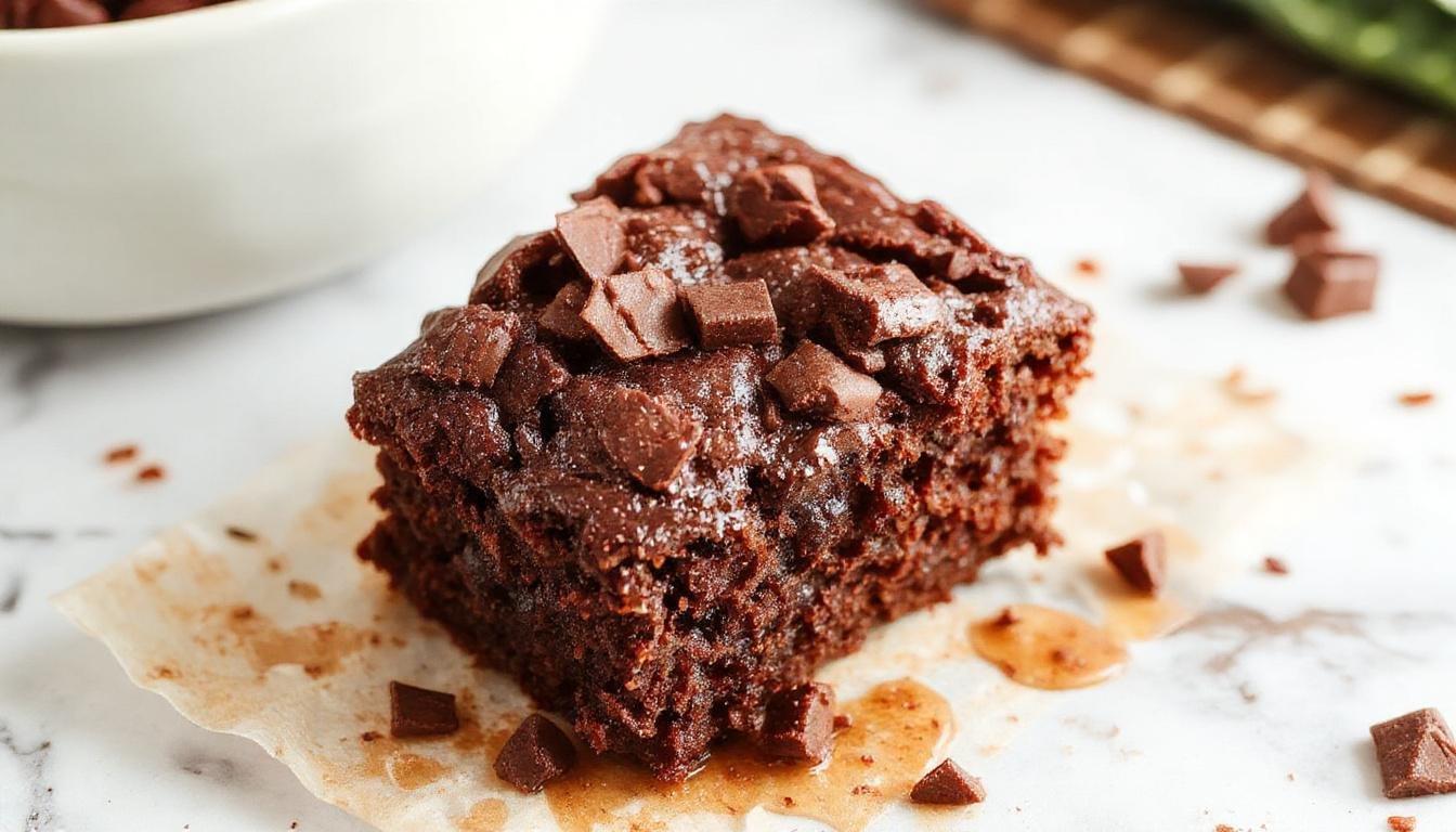 A slice of healthy chocolate zucchini cake on a white plate, showcasing a moist, fudgy interior with a rich, dark chocolate color. Sprinkled with a dusting of cocoa powder and topped with thin zucchini ribbons for garnish. The cake has a slightly cracked top, revealing its dense, fudgy texture, and the background features a rustic wooden table with fresh zucchinis nearby.