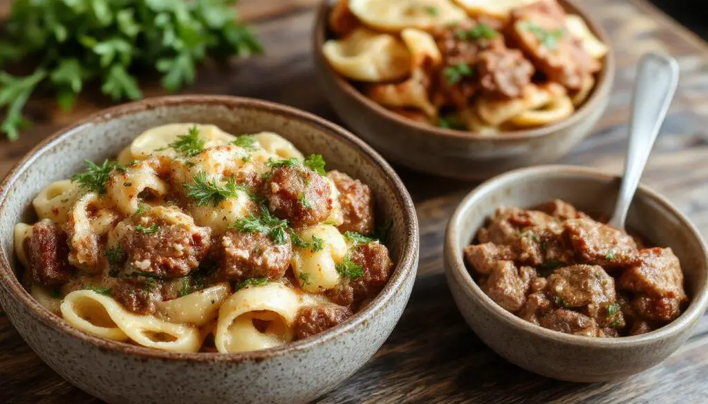 A close-up of a vibrant plate featuring al dente pasta coated in a rich, creamy beef sauce. Tender ground beef is mixed with a smooth, light-colored sauce, garnished with chopped parsley. The dish is presented on a rustic white plate, with a fork and a sprig of parsley nearby, highlighting the hearty yet healthy appeal of the meal.