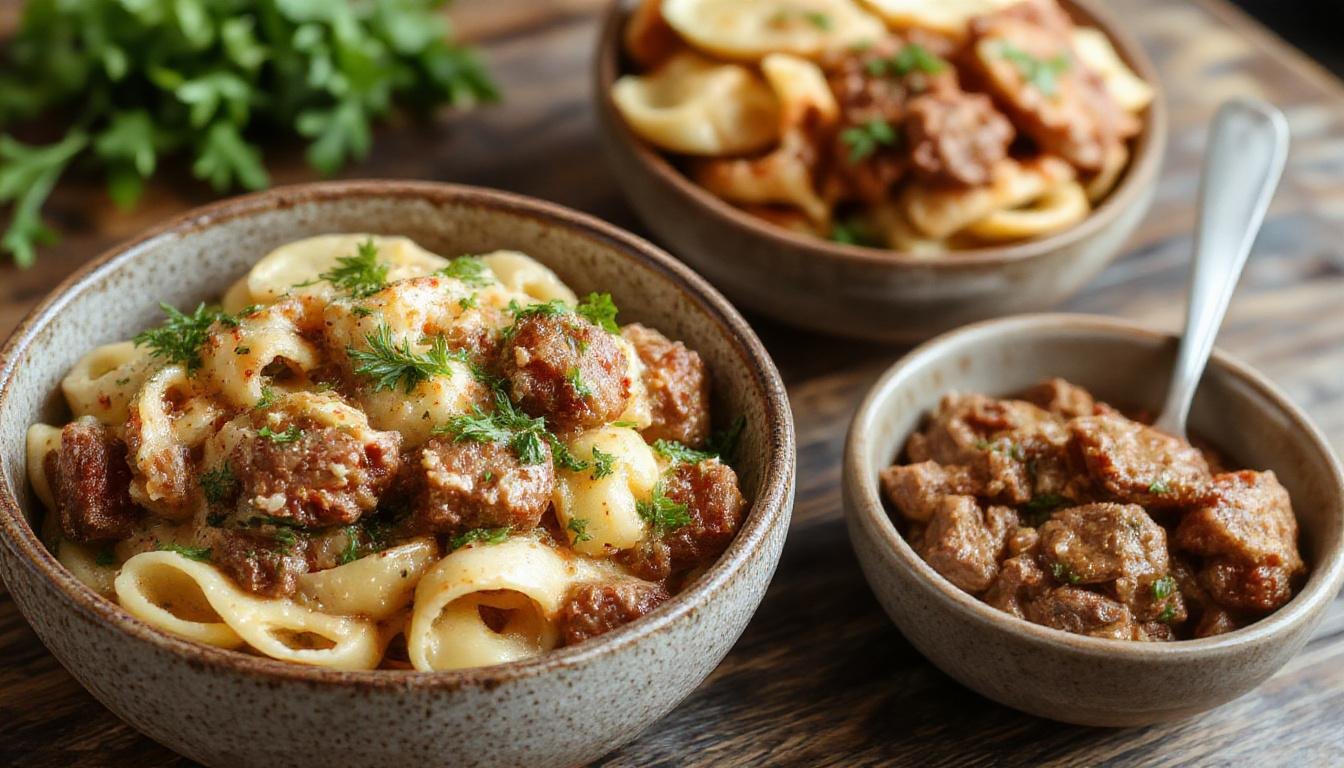 A close-up of a vibrant plate featuring al dente pasta coated in a rich, creamy beef sauce. Tender ground beef is mixed with a smooth, light-colored sauce, garnished with chopped parsley. The dish is presented on a rustic white plate, with a fork and a sprig of parsley nearby, highlighting the hearty yet healthy appeal of the meal.