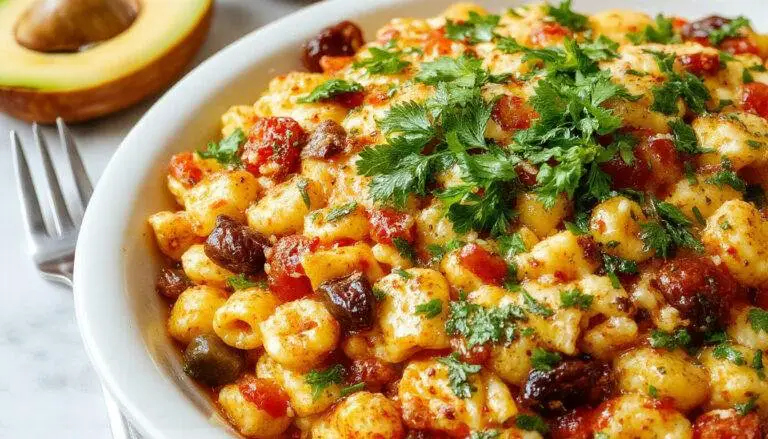 A vibrant plate of Vegetarian Taco Pasta Bake featuring golden-brown baked pasta topped with melted cheese, colorful diced vegetables, and fresh herbs, arranged in a rustic serving dish with a side of fresh lime and cilantro garnish.