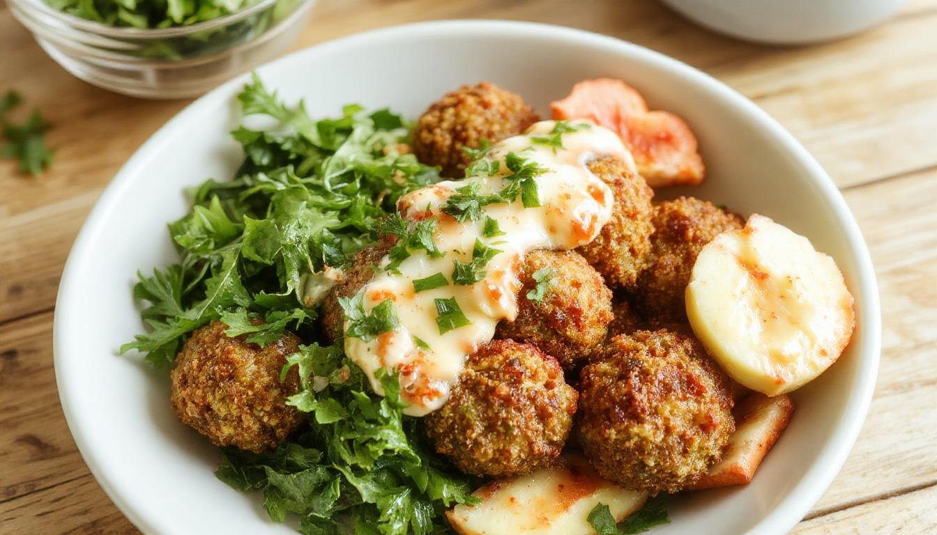 A vibrant bowl featuring golden-brown falafel balls, creamy hummus, and drizzles of tahini dressing. Fresh vegetables like cherry tomatoes, cucumber slices, and parsley garnish the colorful dish, all neatly arranged in a white ceramic bowl against a rustic wooden background.
