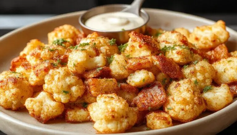 A close-up of a golden-brown air fryer cauliflower dish served on a white plate, garnished with fresh herbs. The cauliflower florets are crispy and seasoned, with some pieces showing a light coating of spices. The background features a rustic wooden surface with scattered herbs and seasoning, emphasizing freshness and flavor.