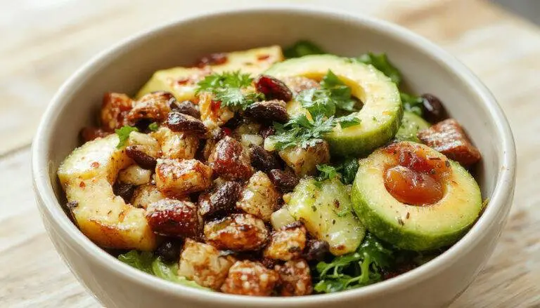 A vibrant nourish bowl featuring a colorful array of fresh vegetables, grains, and protein. Topped with a drizzle of tahini yogurt dressing, the bowl showcases crisp greens, sliced avocados, roasted chickpeas, and a sprinkle of seeds, all arranged in an inviting, modern presentation.
