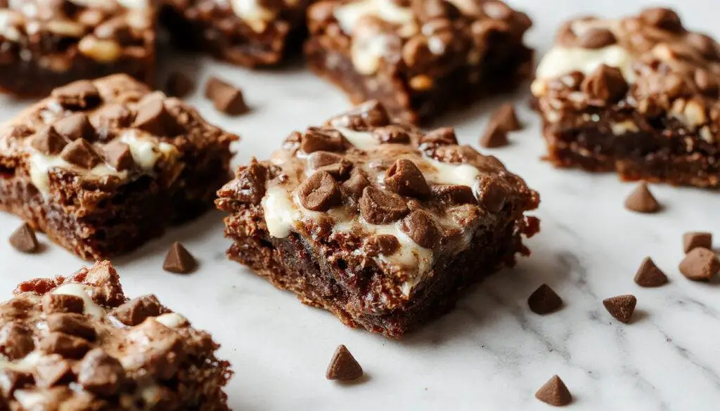A close-up of a square Greek yogurt brownie with a rich, fudgy texture, topped with a dusting of powdered sugar and a few cocoa powder swirls. The brownie has a moist, dense interior visible through the cut edge and is plated on a rustic wooden surface by a fork and a small bowl of yogurt.