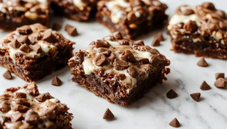 A close-up of a square Greek yogurt brownie with a rich, fudgy texture, topped with a dusting of powdered sugar and a few cocoa powder swirls. The brownie has a moist, dense interior visible through the cut edge and is plated on a rustic wooden surface by a fork and a small bowl of yogurt.
