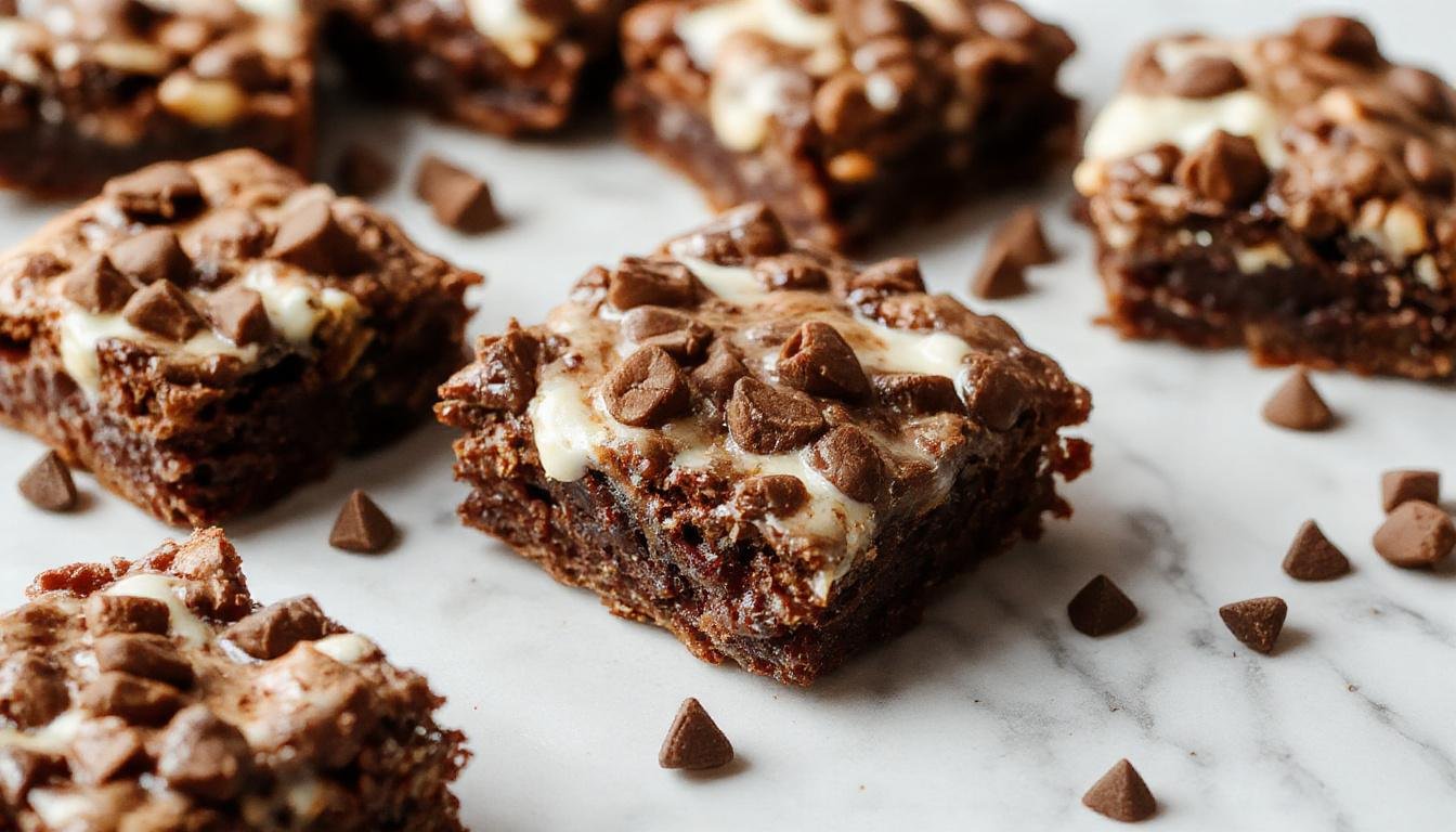 A close-up of a square Greek yogurt brownie with a rich, fudgy texture, topped with a dusting of powdered sugar and a few cocoa powder swirls. The brownie has a moist, dense interior visible through the cut edge and is plated on a rustic wooden surface by a fork and a small bowl of yogurt.