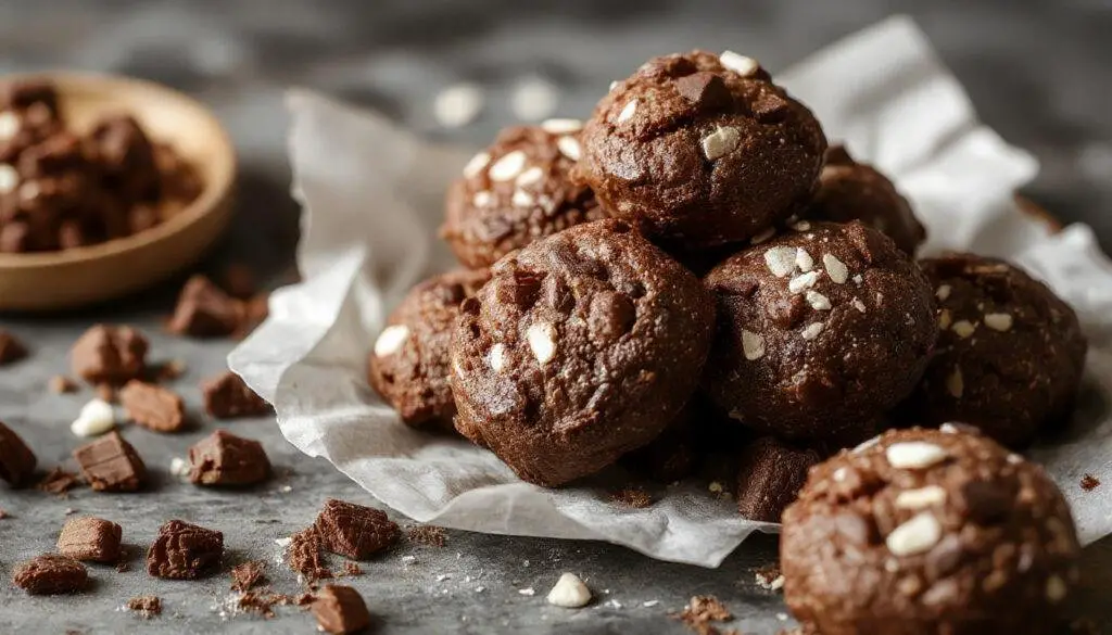 Close-up of several chocolate-infused protein brownie bites arranged on a rustic white plate. The bites have a rich, dark brown color with a slightly glossy surface, showcasing their fudgy texture. Some bites are garnished with a sprinkle of crushed nuts, and a few are broken open to reveal a dense, moist interior. The background is softly blurred, highlighting the delicious treats in the foreground.