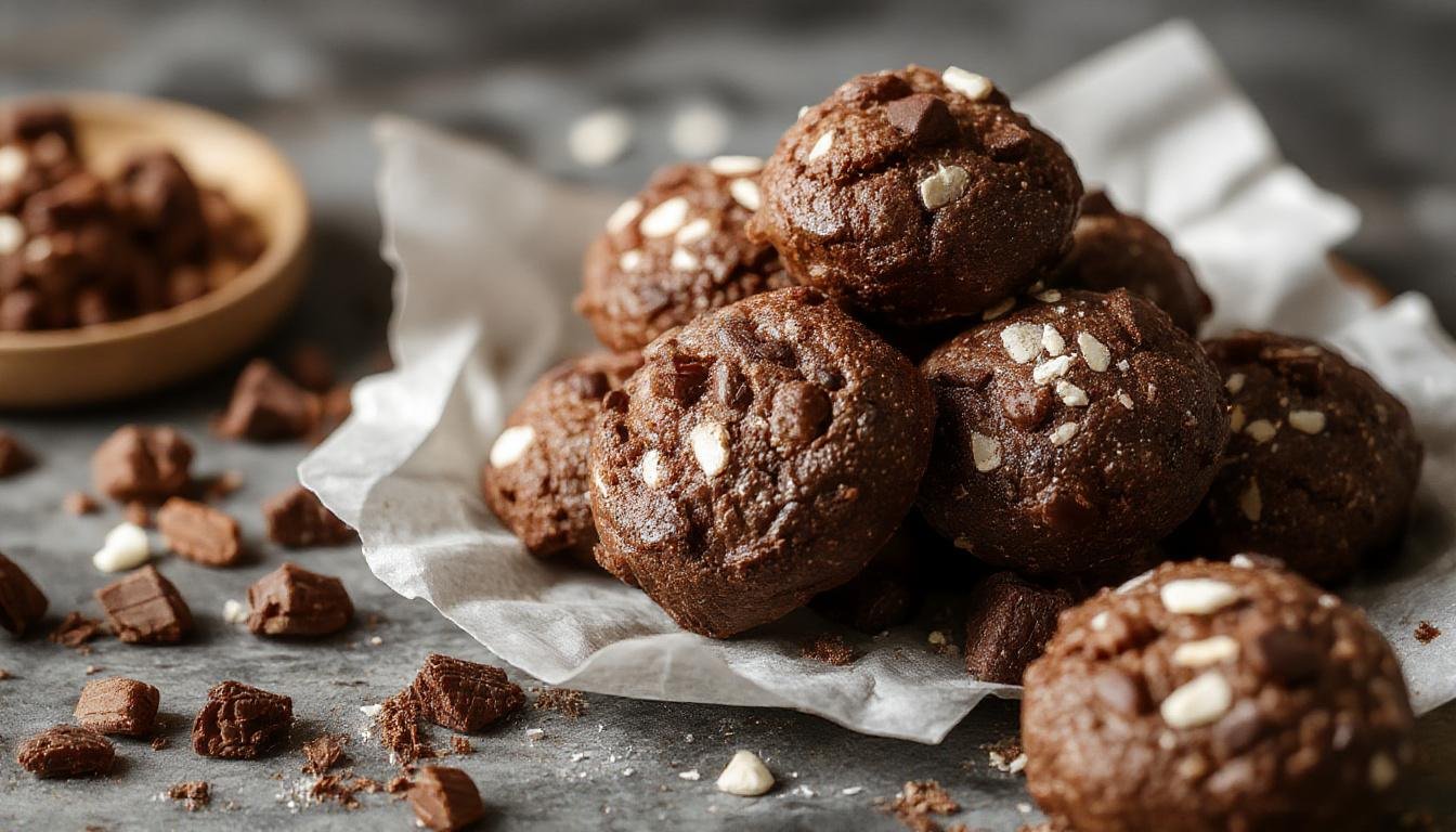 Close-up of several chocolate-infused protein brownie bites arranged on a rustic white plate. The bites have a rich, dark brown color with a slightly glossy surface, showcasing their fudgy texture. Some bites are garnished with a sprinkle of crushed nuts, and a few are broken open to reveal a dense, moist interior. The background is softly blurred, highlighting the delicious treats in the foreground.