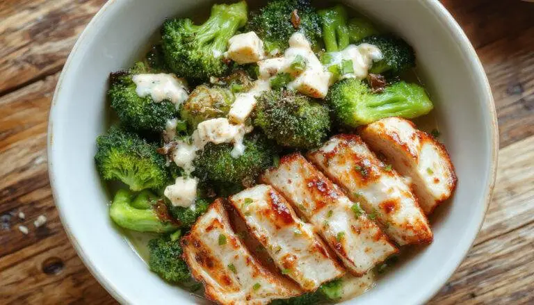 A vibrant bowl features sliced grilled chicken with a golden-brown crust, nestled among bright green broccoli florets. Drizzled with a creamy white garlic sauce, the dish is artistically arranged on a rustic wooden plate, garnished with fresh herbs and a lemon wedge on the side. The textures contrast between tender chicken, crunchy broccoli, and smooth sauce, creating an appetizing presentation.