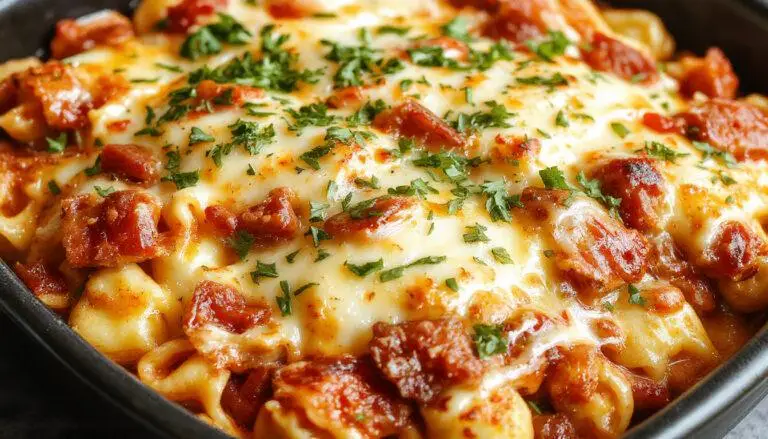 A close-up of a baked vegetarian taco pasta dish in a ceramic casserole, topped with melted cheese, fresh chopped cilantro, and sliced jalapenos, with a spoon scooping out a serving showing the pasta and colorful vegetable fillings.