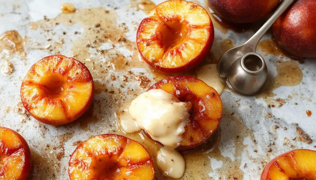 A close-up of golden-brown roasted peach halves drizzled with honey, arranged on a white plate with fresh mint leaves garnish, showcasing their juicy, caramelized texture and vibrant orange color.