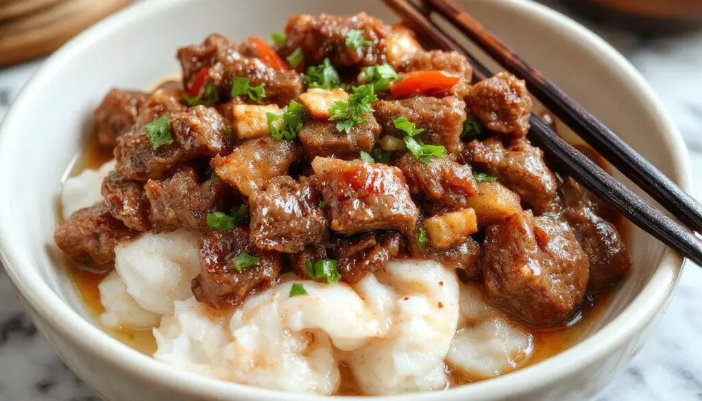 A vibrant plate of Korean ground beef stir-fry featuring browned minced beef garnished with sliced green onions and sesame seeds, served on a white platter with fresh vegetables in the background