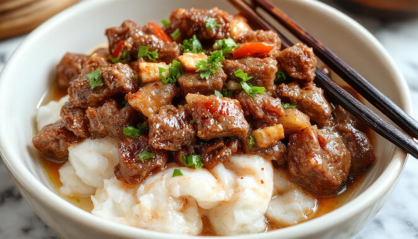 A vibrant plate of Korean ground beef stir-fry featuring browned minced beef garnished with sliced green onions and sesame seeds, served on a white platter with fresh vegetables in the background