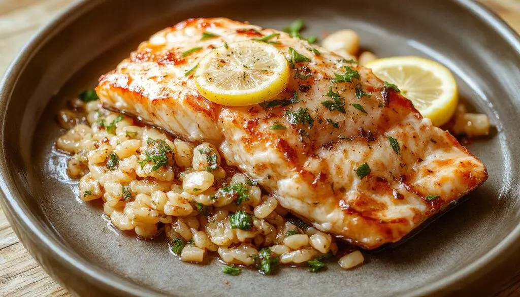 A perfectly seared salmon fillet with a crispy golden-brown crust sits atop a bed of vibrant, lemon-infused orzo pasta. The plate is garnished with fresh parsley and lemon wedges, with a drizzle of lemon sauce highlighting the dish's bright and inviting appearance. The background features a rustic wooden table setting, emphasizing freshness and simplicity.