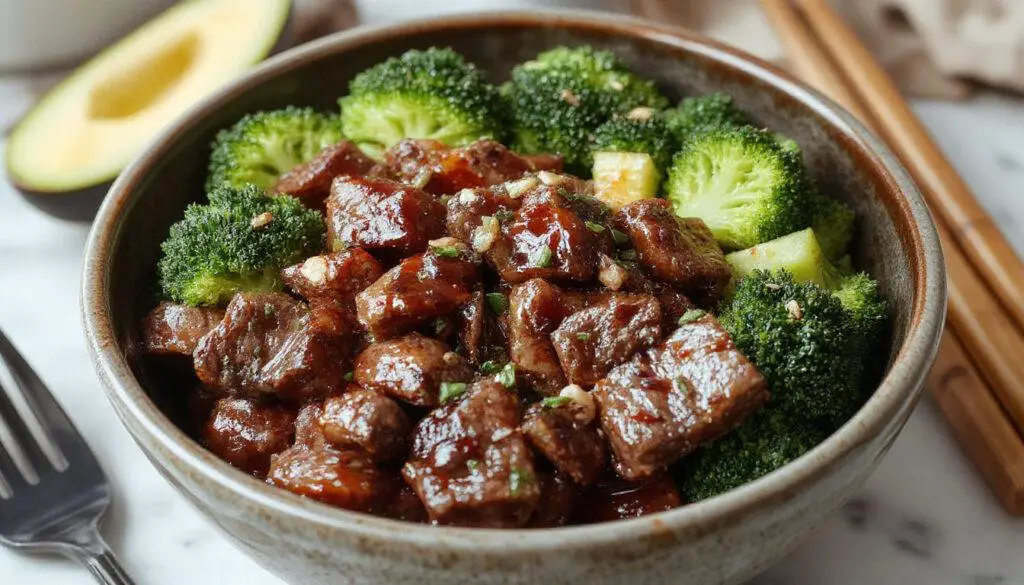 A vibrant bowl featuring tender, glazed ground beef atop a bed of bright green broccoli florets, garnished with sesame seeds and sliced green onions. The dish showcases a glossy teriyaki sauce coating the beef, with neatly arranged portions and a colorful mix of ingredients on a modern white plate.