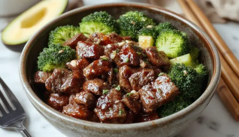 A vibrant bowl featuring tender, glazed ground beef atop a bed of bright green broccoli florets, garnished with sesame seeds and sliced green onions. The dish showcases a glossy teriyaki sauce coating the beef, with neatly arranged portions and a colorful mix of ingredients on a modern white plate.