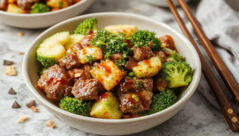 A vibrant bowl featuring stir-fried ground beef glazed with glossy teriyaki sauce, tender broccoli florets, and steaming jasmine rice. The dish is garnished with sesame seeds and chopped green onions, showcasing a colorful and appetizing presentation.
