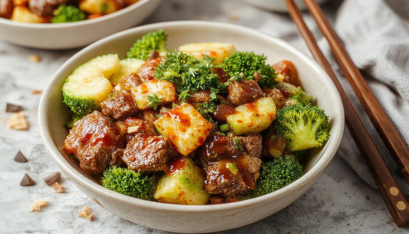 A vibrant bowl featuring stir-fried ground beef glazed with glossy teriyaki sauce, tender broccoli florets, and steaming jasmine rice. The dish is garnished with sesame seeds and chopped green onions, showcasing a colorful and appetizing presentation.