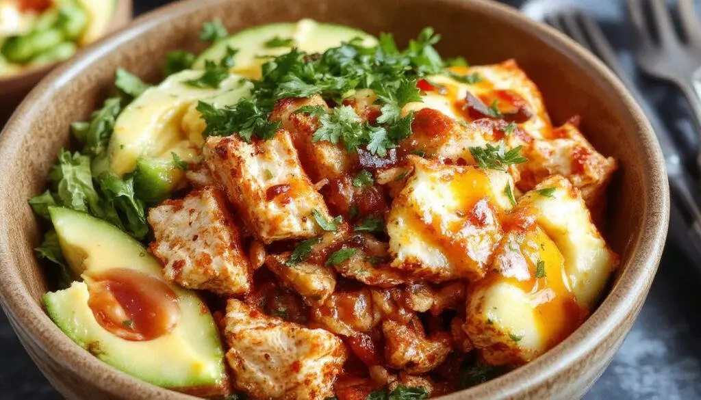 A colorful turkey taco bowl featuring ground turkey cooked to a golden brown, topped with fresh diced tomatoes, shredded lettuce, sliced avocado, and a sprinkle of shredded cheese. The bowl is garnished with a lime wedge and cilantro, set against a rustic wooden background, highlighting vibrant reds, greens, and creamy textures.