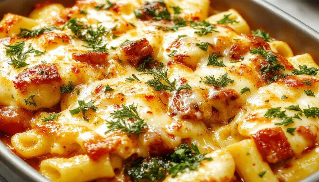 A golden-brown baked pasta dish in a rustic ceramic dish, topped with melted cheese and roasted vegetables including zucchini, bell peppers, and cherry tomatoes. The pasta is creamy, with a crust of bubbling cheese on top, garnished with fresh herbs. The presentation emphasizes the rich textures and vibrant colors of the vegetables contrasted against the cheesy topping.