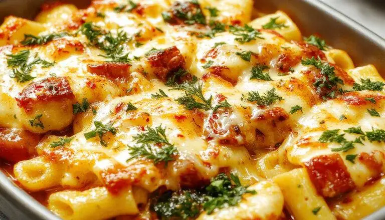 A golden-brown baked pasta dish in a rustic ceramic dish, topped with melted cheese and roasted vegetables including zucchini, bell peppers, and cherry tomatoes. The pasta is creamy, with a crust of bubbling cheese on top, garnished with fresh herbs. The presentation emphasizes the rich textures and vibrant colors of the vegetables contrasted against the cheesy topping.