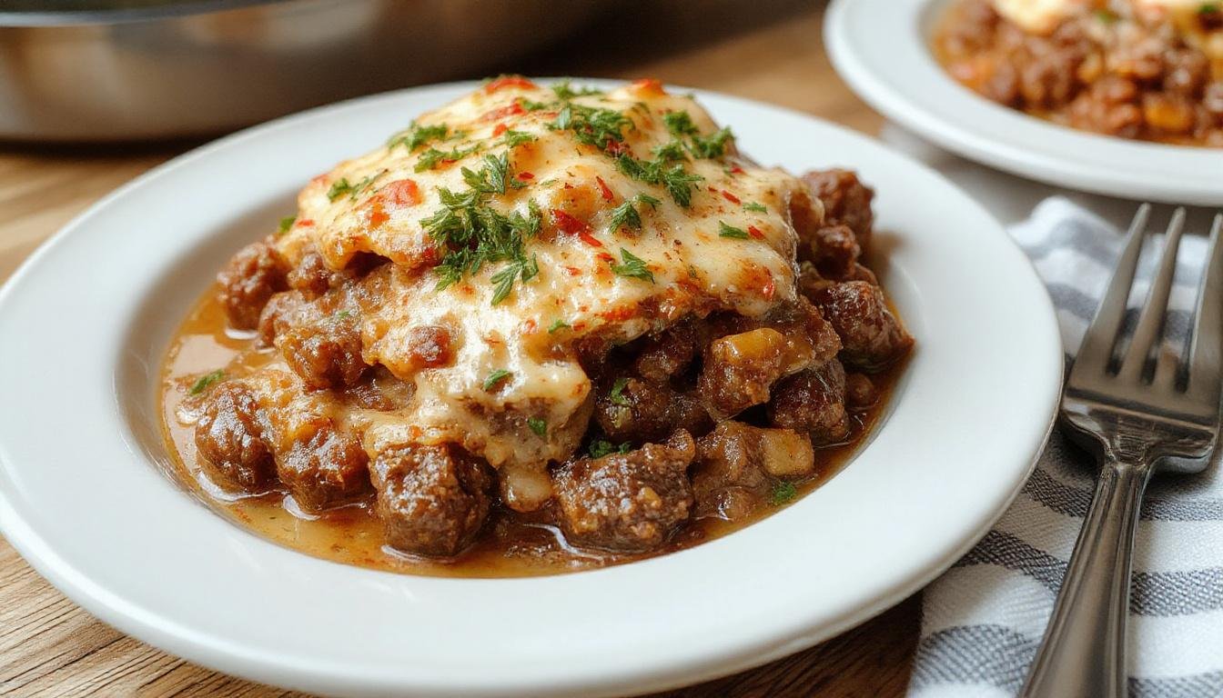 A hearty ground beef hobo casserole in a rustic ceramic dish, topped with golden-brown mashed potatoes and garnished with fresh herbs, surrounded by a cozy kitchen setting.