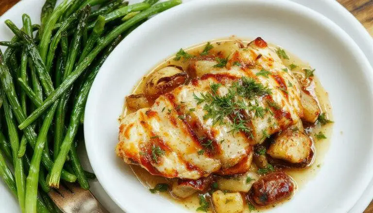 A close-up of a baked French Onion Chicken Bake in a rustic ceramic dish, topped with melted golden cheese and caramelized onions, garnished with fresh herbs, with crispy edges and tender chicken pieces visible.