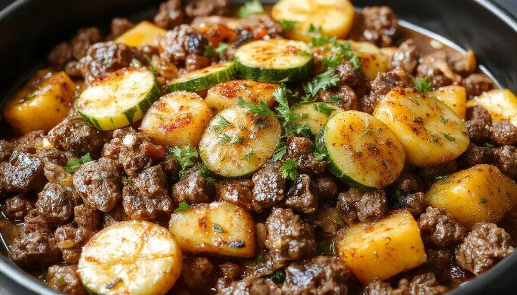 A vibrant skillet filled with browned ground beef, tender zucchini slices, and bright orange sweet potato chunks. The ingredients are evenly distributed, with a sprinkle of fresh herbs on top, showcasing a colorful, hearty, and inviting meal with a rustic presentation.