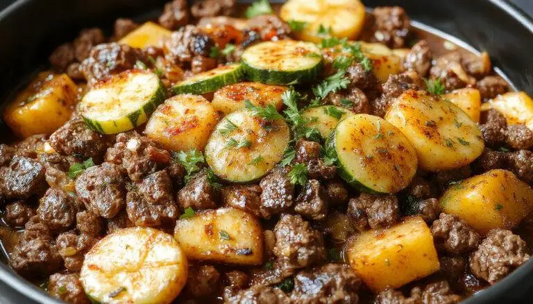 A vibrant skillet filled with browned ground beef, tender zucchini slices, and bright orange sweet potato chunks. The ingredients are evenly distributed, with a sprinkle of fresh herbs on top, showcasing a colorful, hearty, and inviting meal with a rustic presentation.