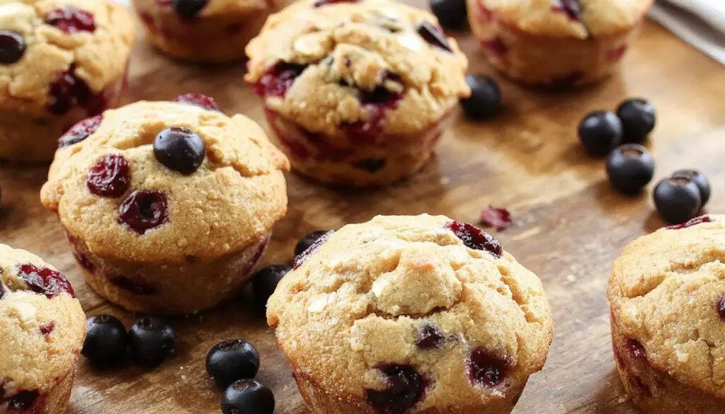 A close-up of a freshly baked batch of Greek yogurt blueberry protein muffins on a rustic wooden surface. The muffins have a golden-brown top with visible bursts of juicy blueberries. One muffin is cut open, revealing a moist, crumbly interior speckled with blueberries and a hint of yogurt glaze drizzled on top. The muffins are arranged attractively, highlighting their fluffy texture and inviting appearance.