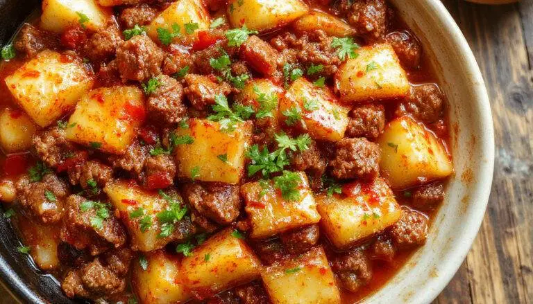 A vibrant skillet of Mexican Picadillo showing seasoned ground beef mixed with diced potatoes, tomatoes, and herbs. The dish has a rich reddish-brown color with visible chunks of potatoes and garnished with fresh cilantro. The skillet is placed on a rustic wooden table with a side of warm tortillas and a lime wedge.