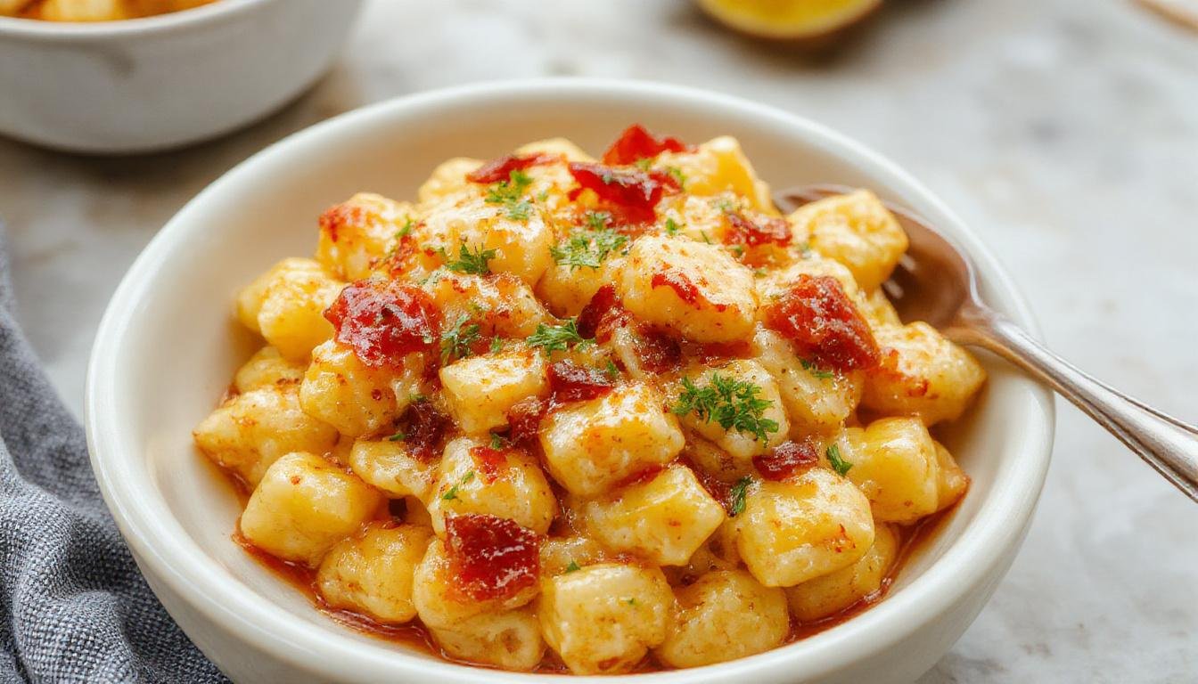 A creamy bowl of mac and cheese topped with golden-brown pieces of high-protein honey garlic butter chicken. The pasta is coated in a rich cheese sauce, with the chicken pieces glistening with a honey garlic glaze, garnished with chopped herbs and served on a rustic plate.