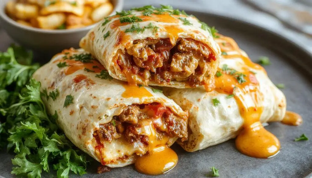 A close-up of a Beefy Melt Burrito cut in half, revealing layers of seasoned ground beef, melted cheese, and fresh toppings wrapped in a soft flour tortilla. The burrito is plated on a rustic wooden surface, with vibrant ingredients spilling slightly from the open end, showcasing its hearty filling.