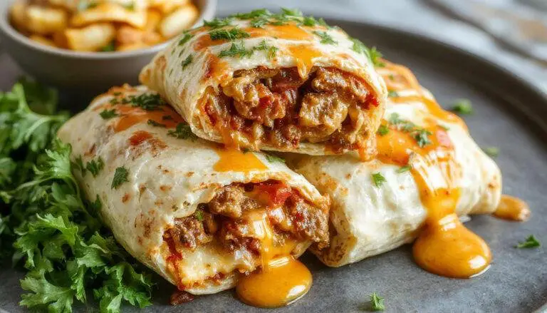 A close-up of a Beefy Melt Burrito cut in half, revealing layers of seasoned ground beef, melted cheese, and fresh toppings wrapped in a soft flour tortilla. The burrito is plated on a rustic wooden surface, with vibrant ingredients spilling slightly from the open end, showcasing its hearty filling.