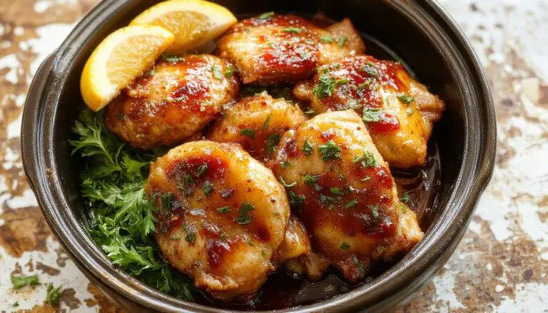Plate of golden-brown chicken thighs glazed with glossy honey garlic sauce, garnished with chopped green onions and sesame seeds, served on a rustic white plate
