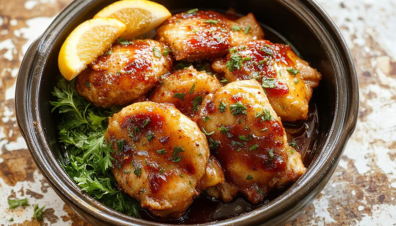 Plate of golden-brown chicken thighs glazed with glossy honey garlic sauce, garnished with chopped green onions and sesame seeds, served on a rustic white plate
