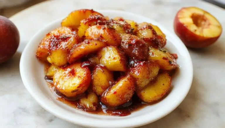 A close-up of a white plate featuring golden-brown honey roasted peaches, caramelized edges, drizzled with honey, garnished with fresh mint leaves, showcasing a glossy and inviting appearance.