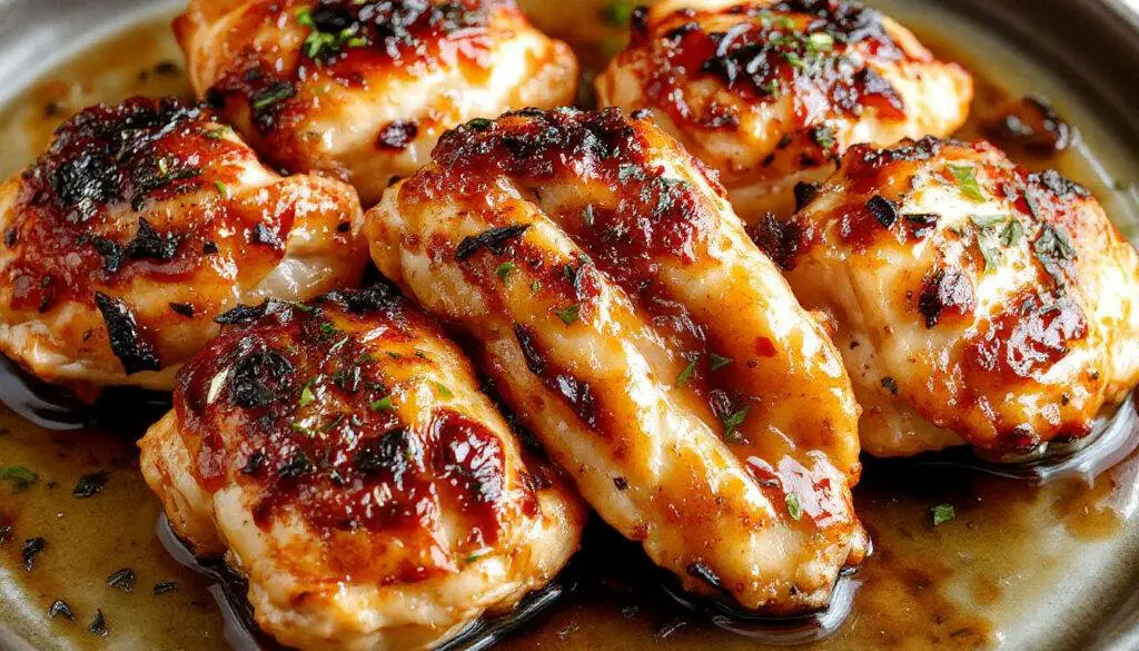 Succulent grilled chicken thighs glazed with a shiny honey garlic sauce, showing a golden-brown char and caramelized edges, garnished with fresh herbs on a rustic wooden platter