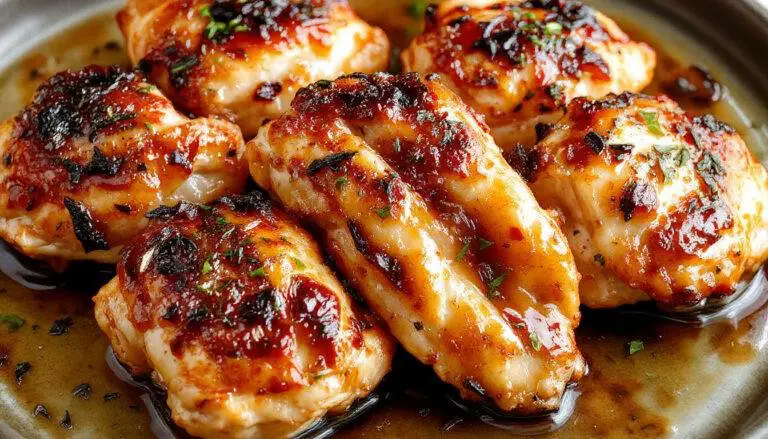 Succulent grilled chicken thighs glazed with a shiny honey garlic sauce, showing a golden-brown char and caramelized edges, garnished with fresh herbs on a rustic wooden platter