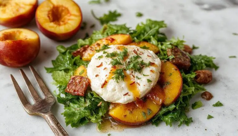 A vibrant plate featuring slices of ripe, juicy peaches nestled alongside creamy white burrata cheese. Fresh basil leaves are scattered on top, and the salad is drizzled with balsamic glaze and olive oil, all arranged artfully on a white ceramic platter with a rustic wooden background. The textures of tender peach slices, smooth burrata, and glossy glaze create a colorful, inviting visual.