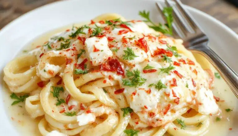 A close-up of a bowl of creamy lemon ricotta pasta garnished with fresh microgreens and lemon zest. The pasta is coated in a smooth, pale yellow sauce with visible flecks of herbs, presented in a rustic white bowl on a wooden table, with lemon slices and a sprig of basil nearby.
