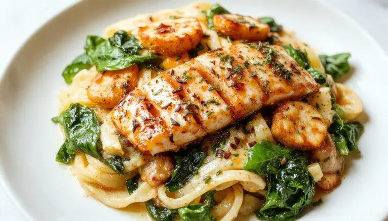 A close-up of a bowl of Light & Creamy Salmon Spinach Pasta, showcasing tender salmon chunks, vibrant green spinach leaves, and creamy white pasta garnished with herbs, garnished with a sprinkle of freshly cracked black pepper and a lemon wedge on the side, all presented on a rustic wooden table.