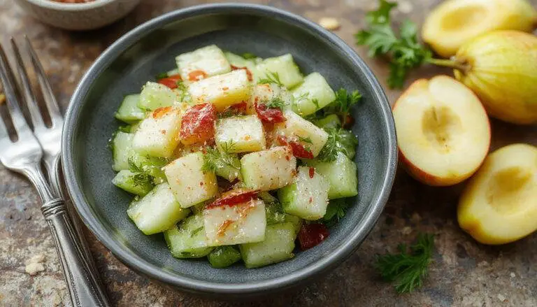 A vibrant, refreshing salad featuring thinly sliced cucumbers, crisp celery sticks, and diced apples arranged on a white ceramic plate. The ingredients are colorful, with the green cucumbers and celery contrasting against the red and yellow apples, dressed lightly with a glossy vinaigrette that gives a subtle sheen. The presentation emphasizes freshness and crunch, with a sprinkle of herbs on top and a backdrop of a rustic wooden table.